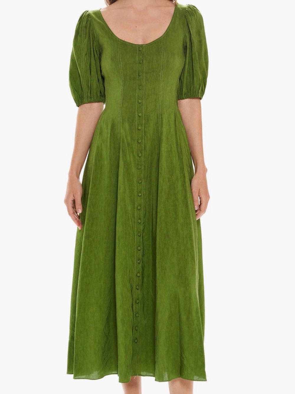 La Ligne Green Puff-Sleeve Button-Front Midi Dress